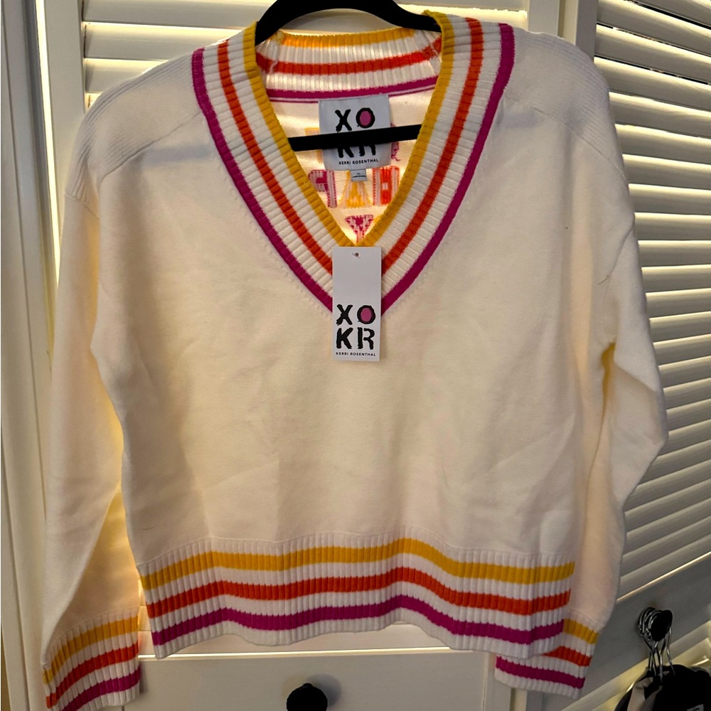 XOKR Kerri Rosenthal NWT small Get Happy Preppy V-Neck  Varsity Tennis Sweater